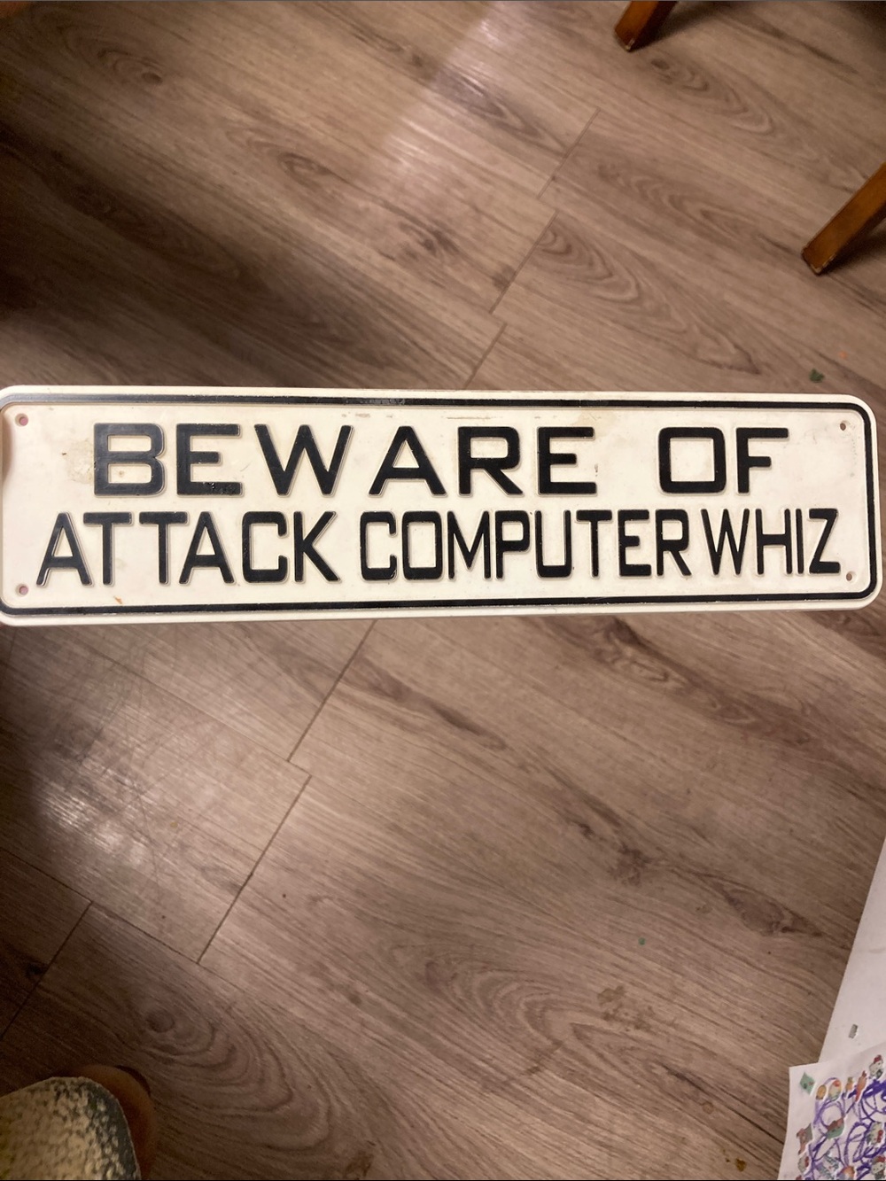 Vintage Style "Beware of Attack Computer Whiz" Sign - White and Black